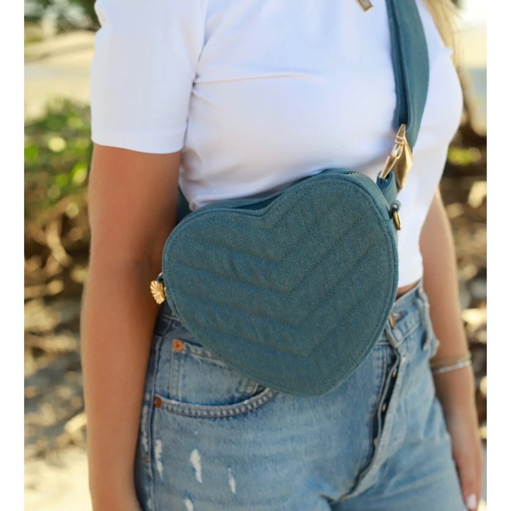 X Marissa‎ Leigh 626 Heart Shaped Denim Crossbody Belt Bag Women OS Blue Y2K